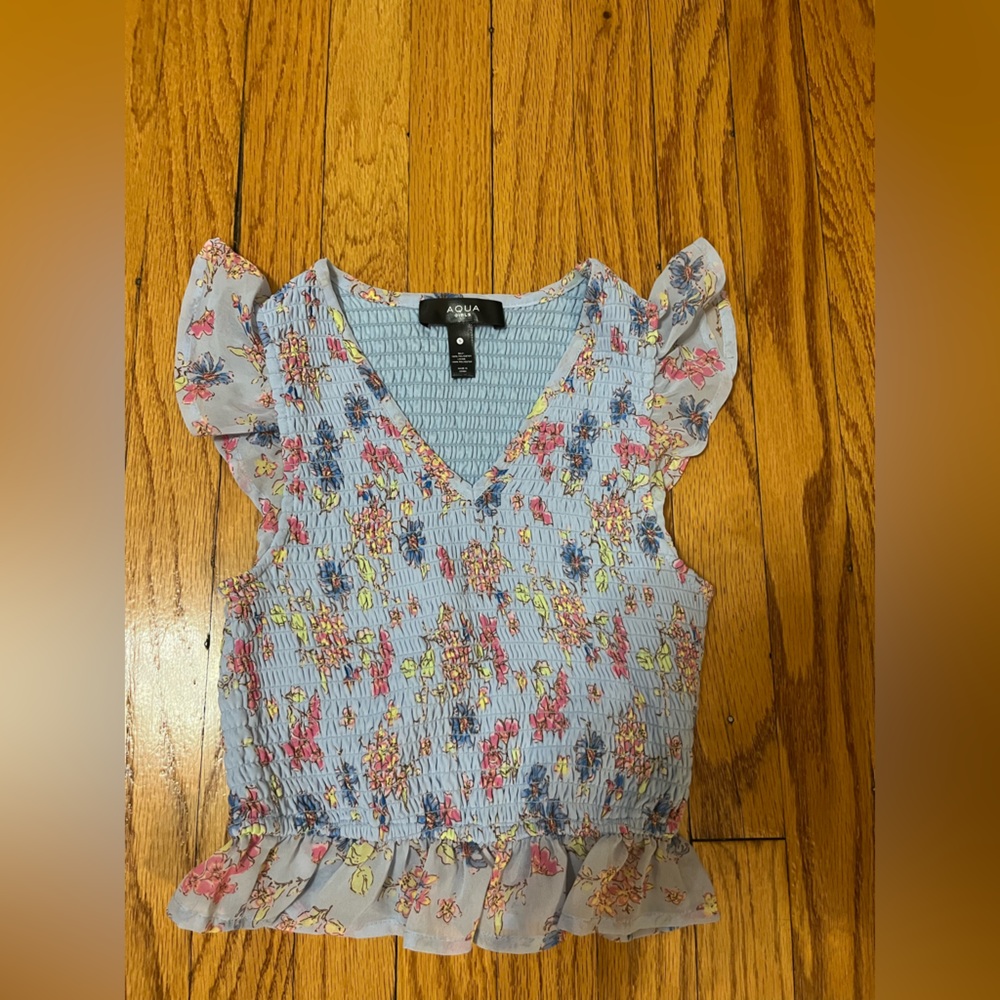 Aqua Girl's Smocked Peplum Blue Floral Top- Size Small- Pre-owned